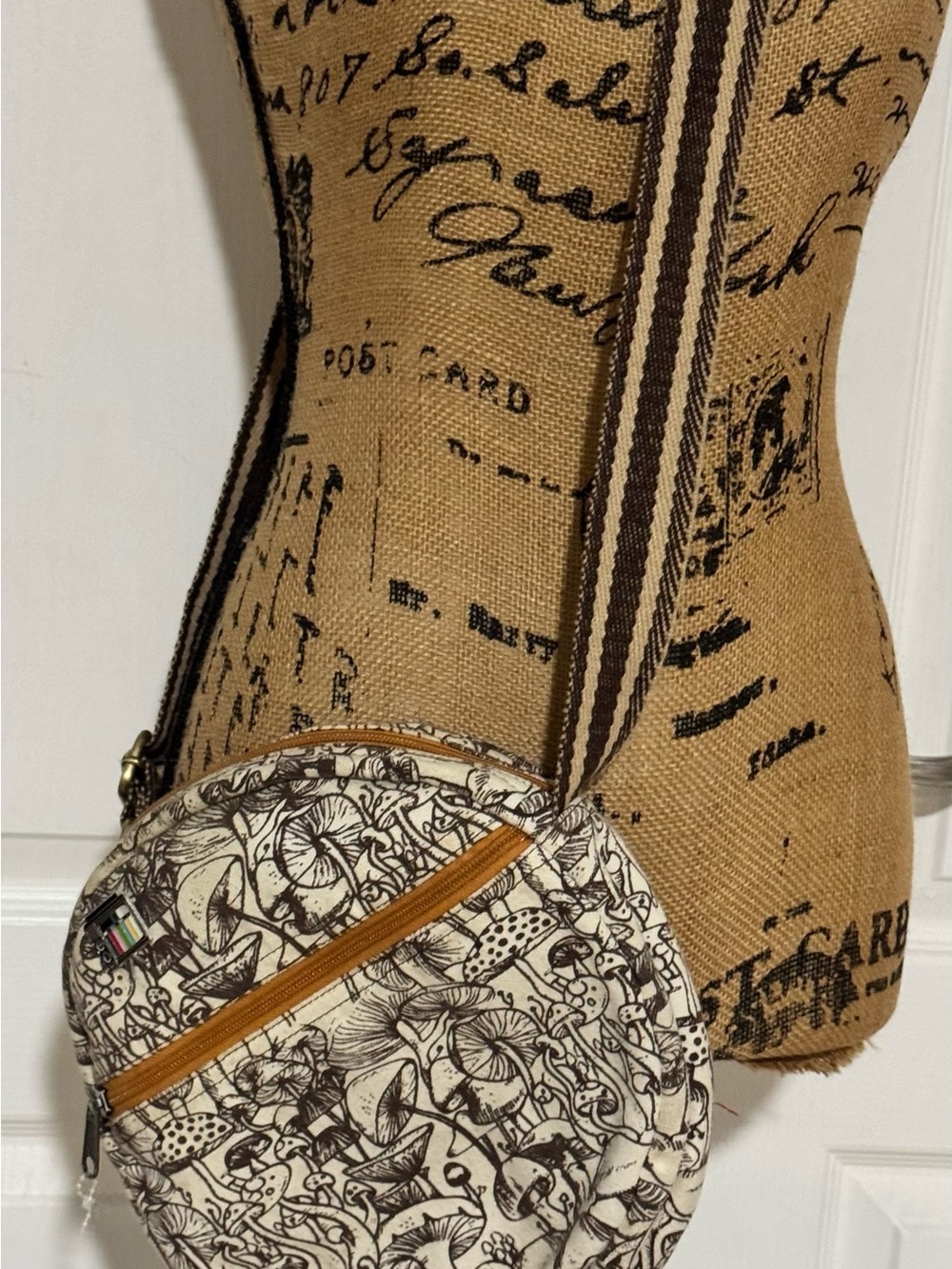Cream & Brown Floral Canvas Crossbody Bag with Striped Strap